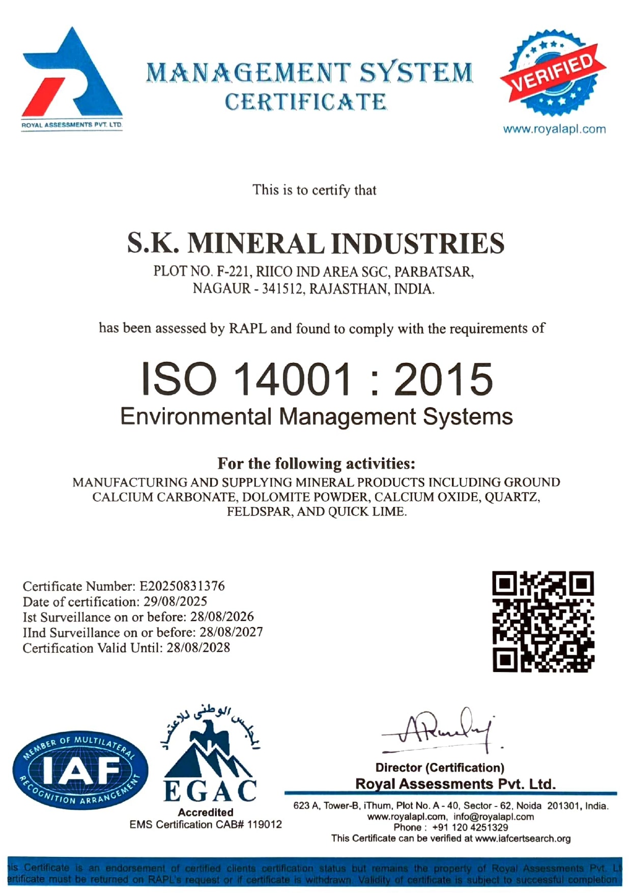 ISO 14001:2015 certificate — SK Stardust Pvt Ltd