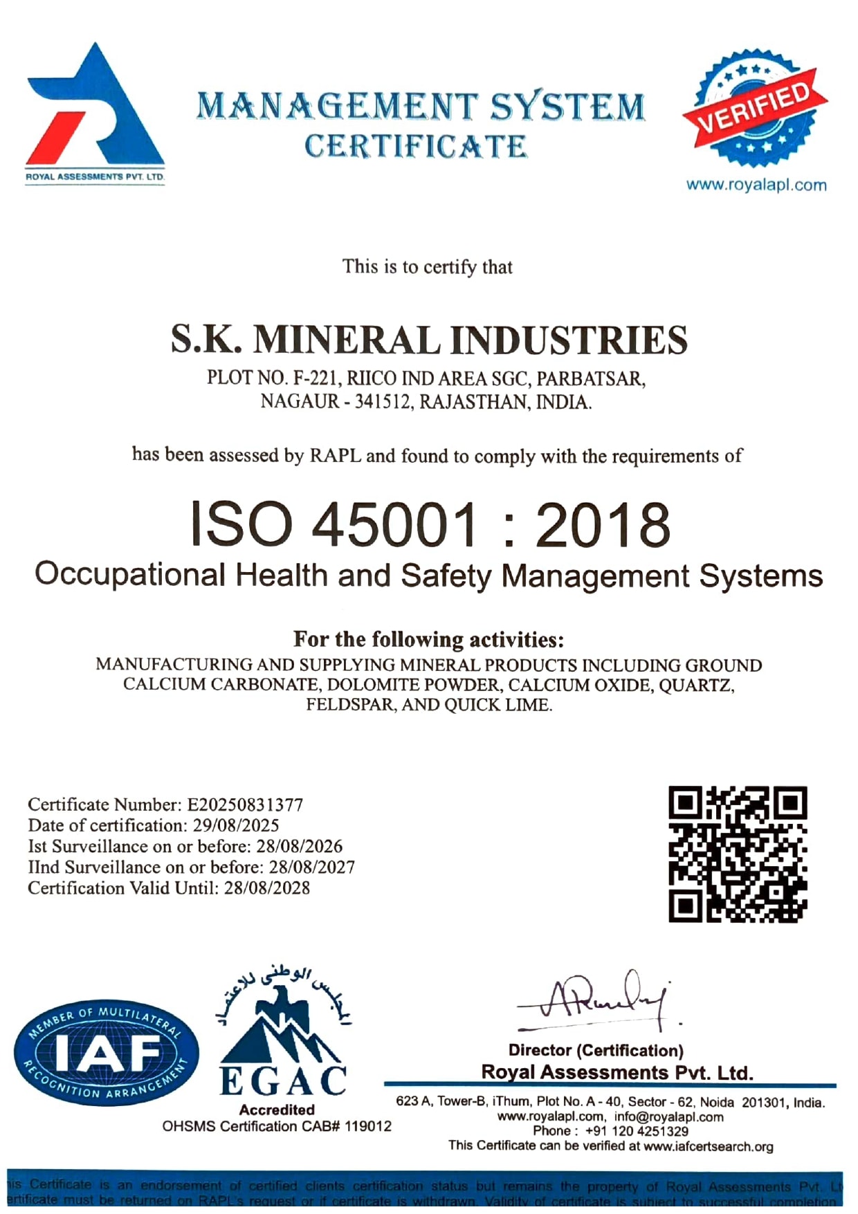 ISO 45001:2018 certificate — SK Stardust Pvt Ltd