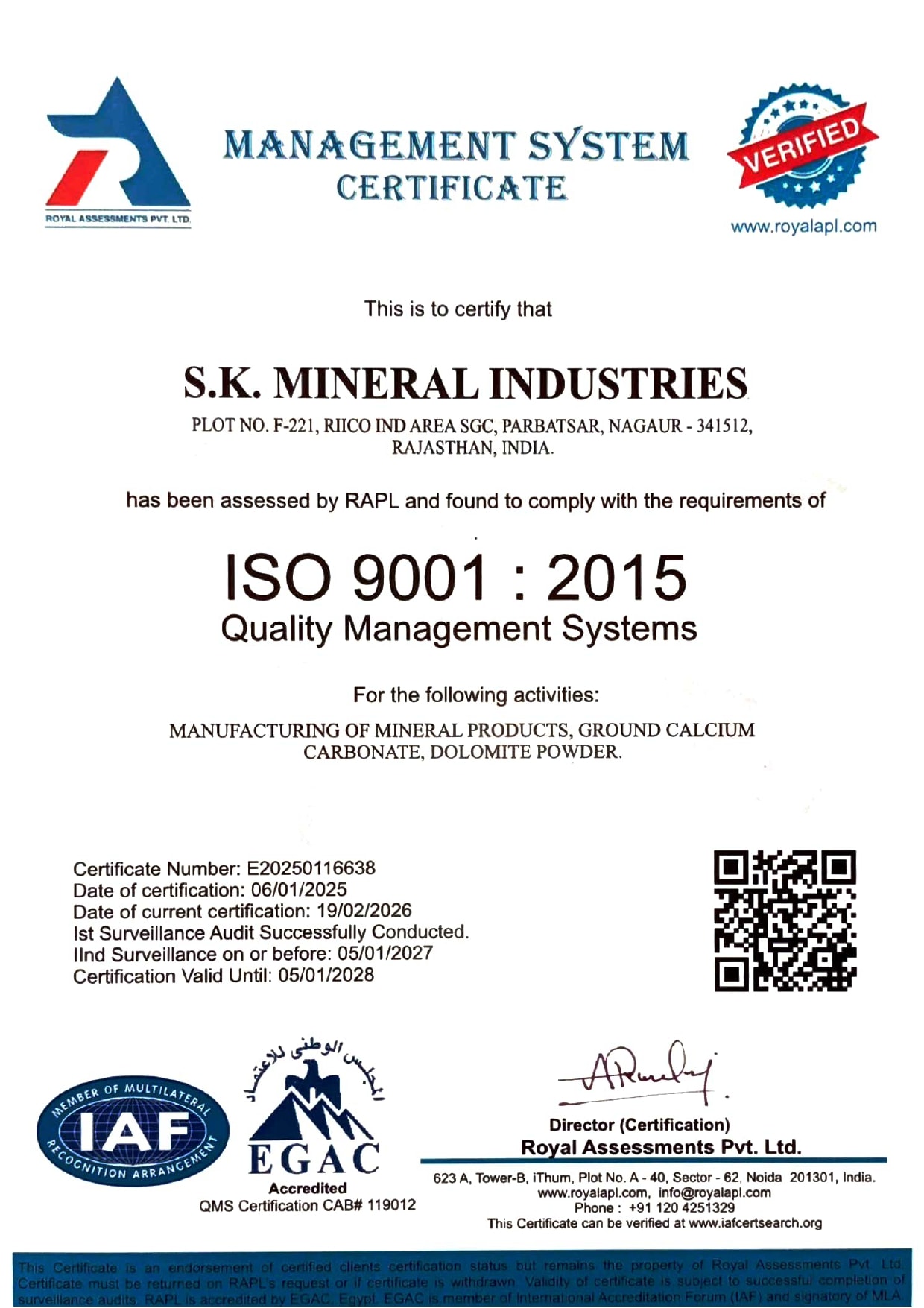 ISO 9001:2015 certificate — SK Stardust Pvt Ltd