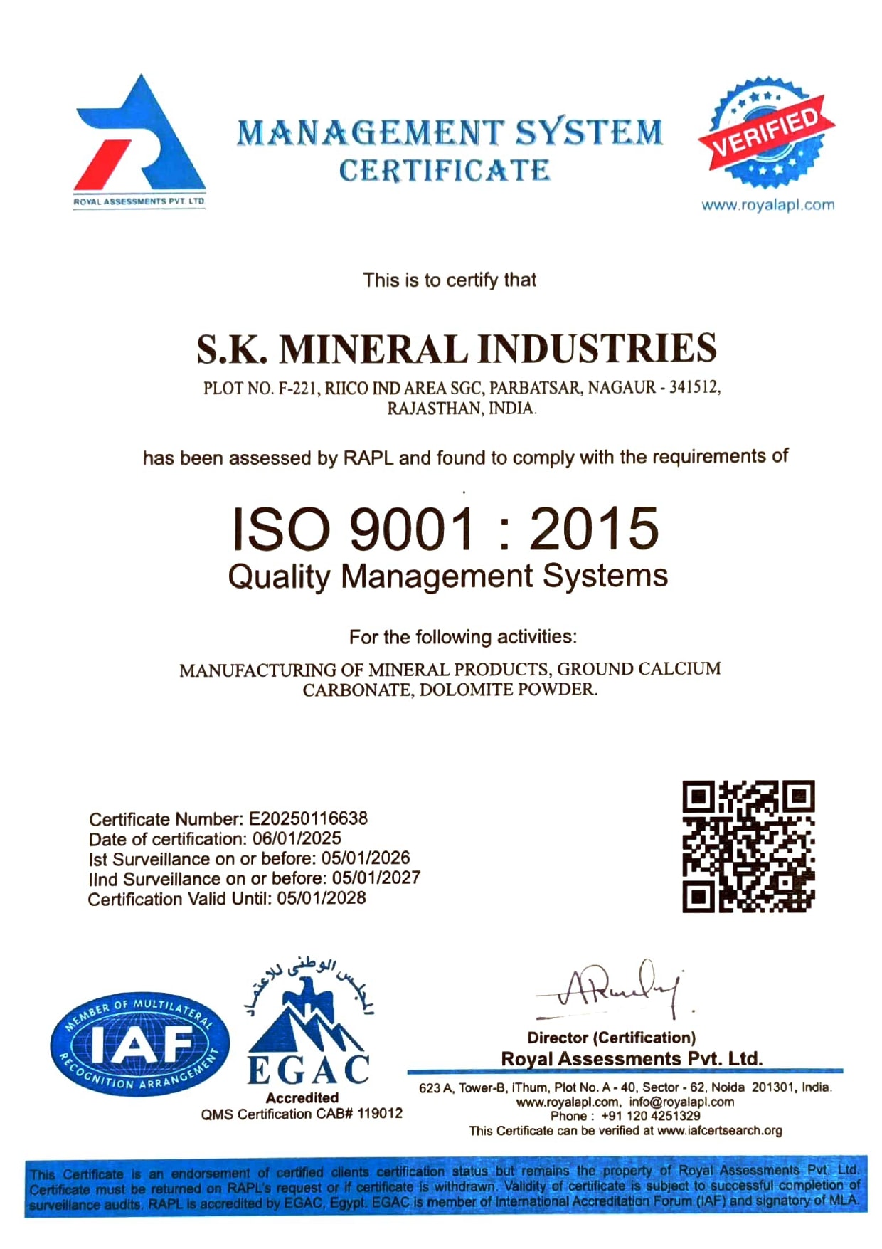 ISO 9001:2015 certificate — SK Stardust Pvt Ltd