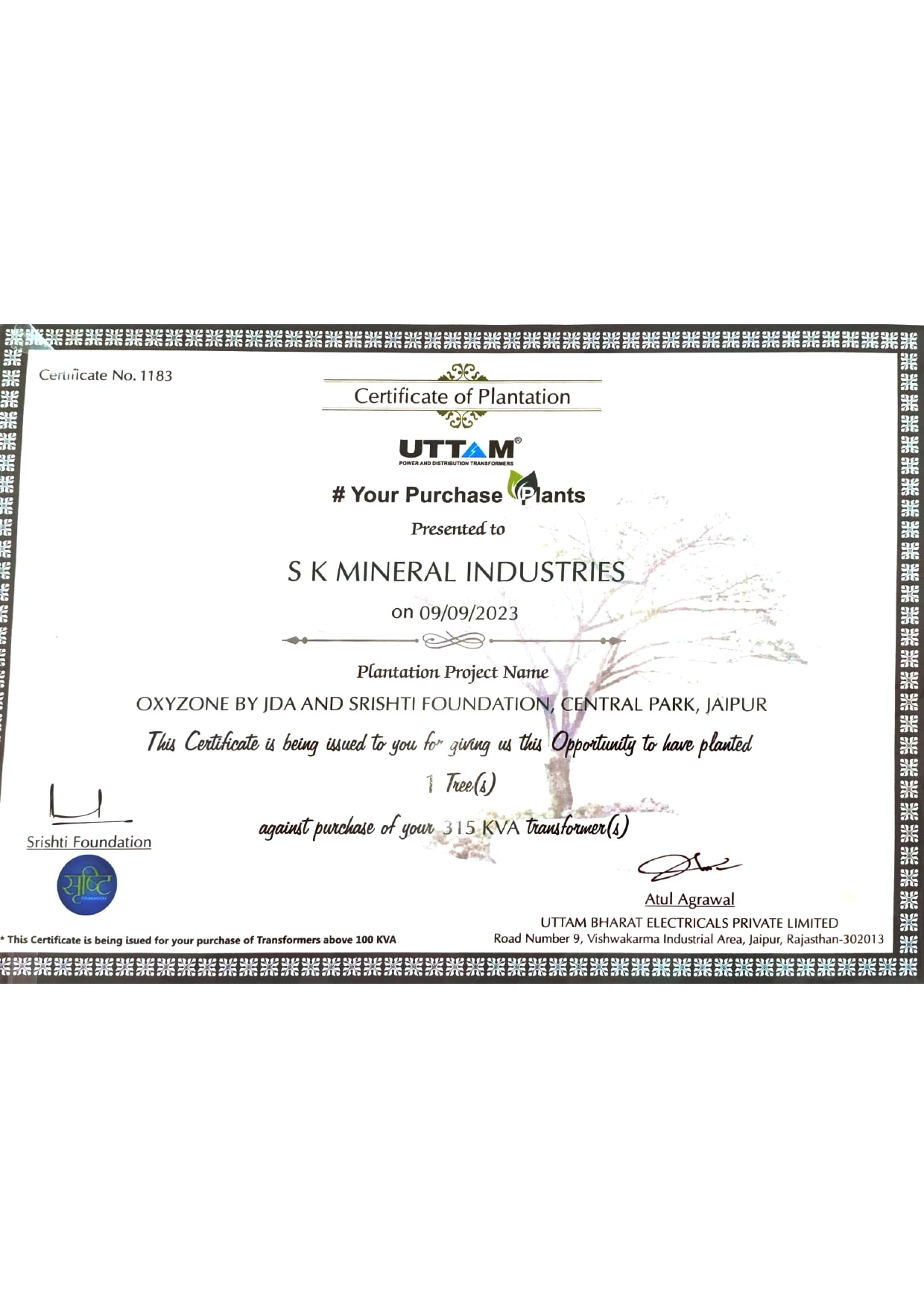 Certificate of Plantation certificate — SK Stardust Pvt Ltd